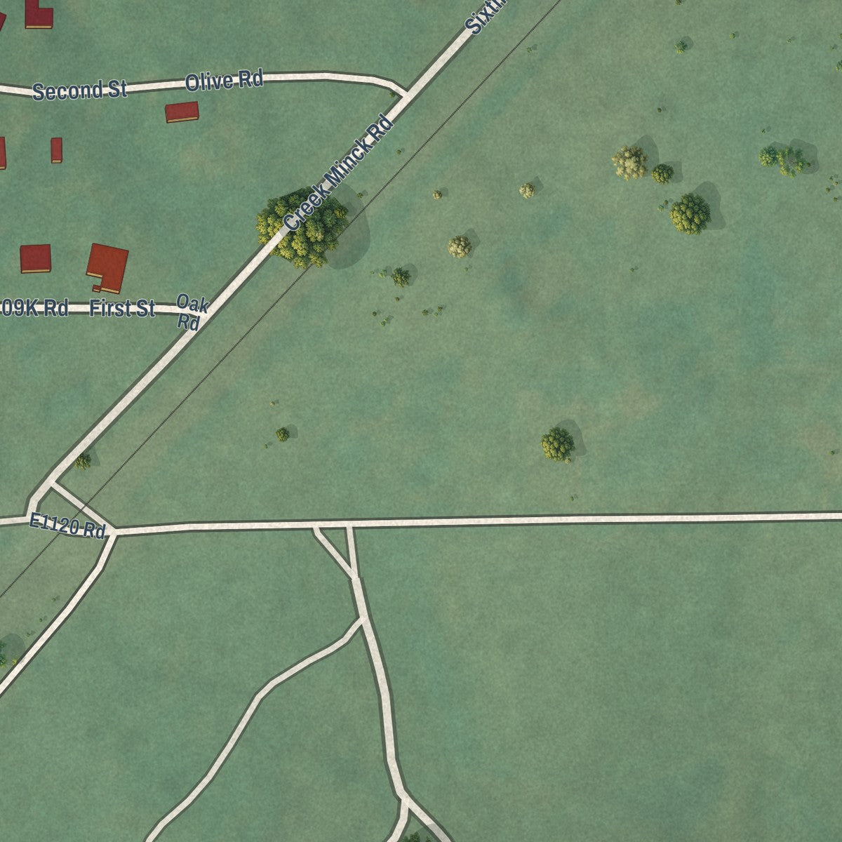 Close-up of the map of Bryant, Oklahoma print showing street and building detail