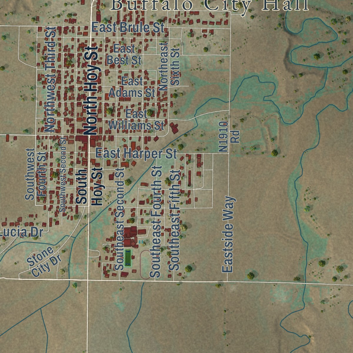 Close-up of the map of Buffalo, Oklahoma print showing street and building detail