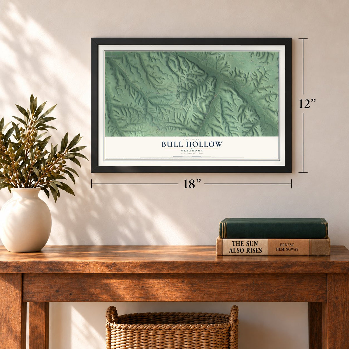 Bull Hollow, Oklahoma map, 12 x 18 inch print in a black frame in an entryway