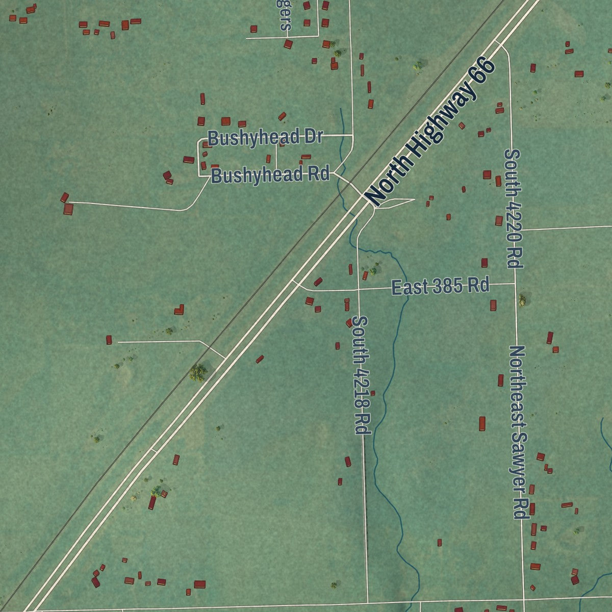 Close-up of the map of Bushyhead, Oklahoma print showing street and building detail