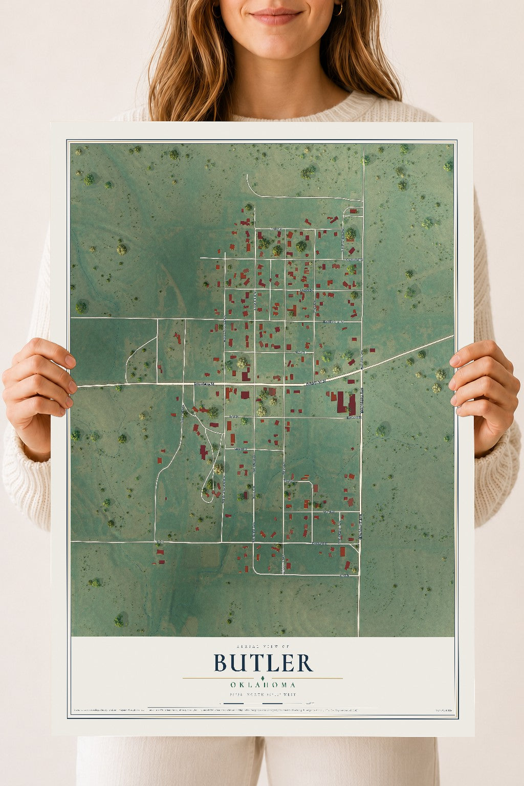 Map of Butler, Oklahoma, 18 x 24 inch unframed archival matte print