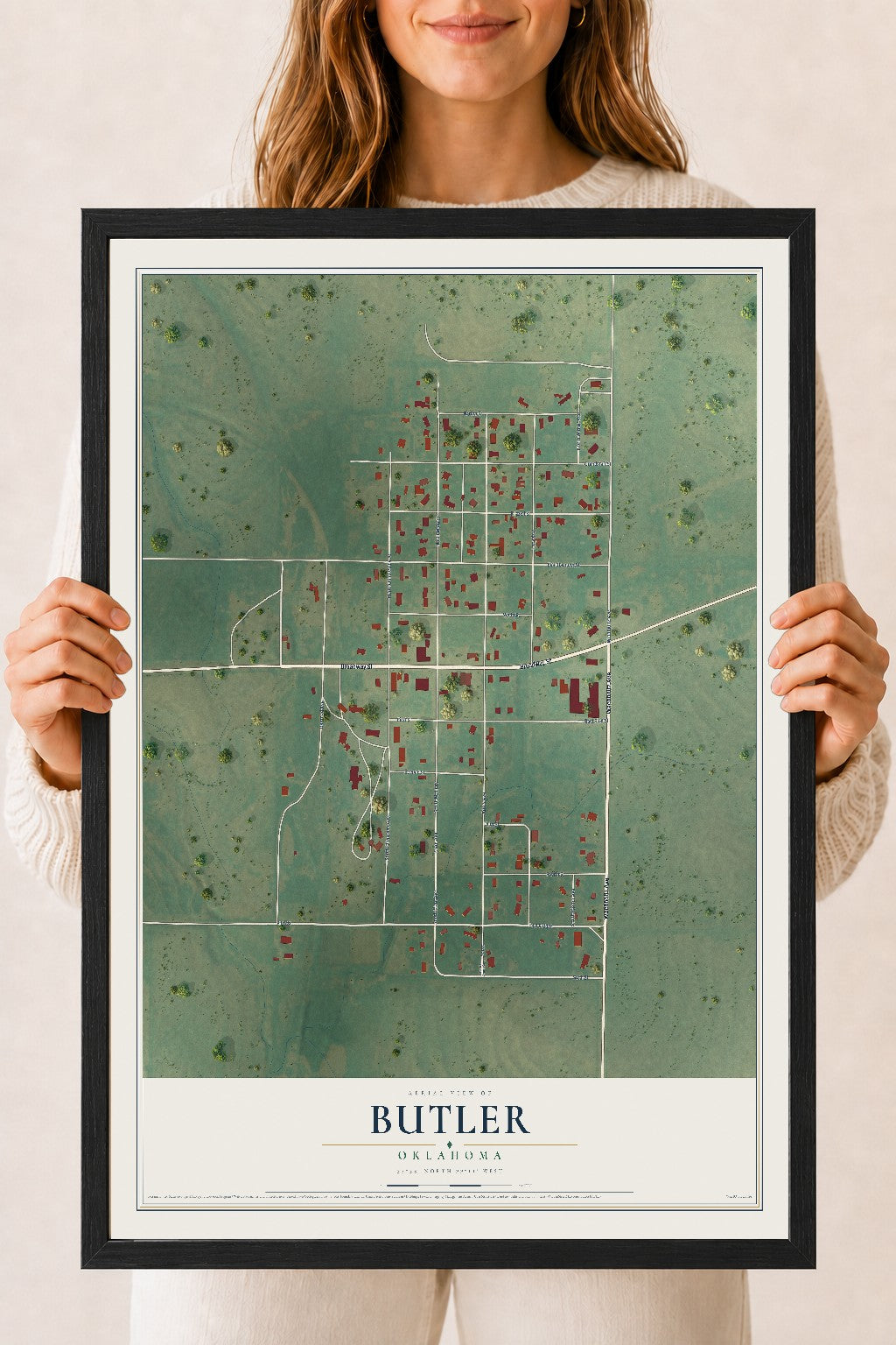 Map of Butler, Oklahoma, 18 x 24 inch print in a black wood frame