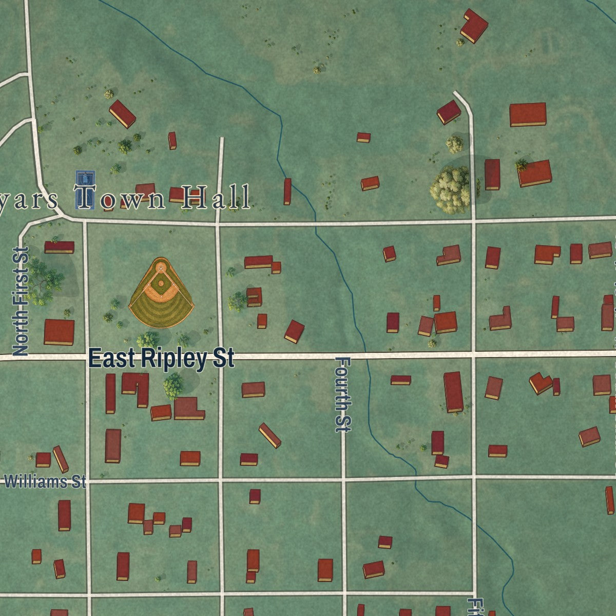 Close-up of the map of Byars, Oklahoma print showing street and building detail