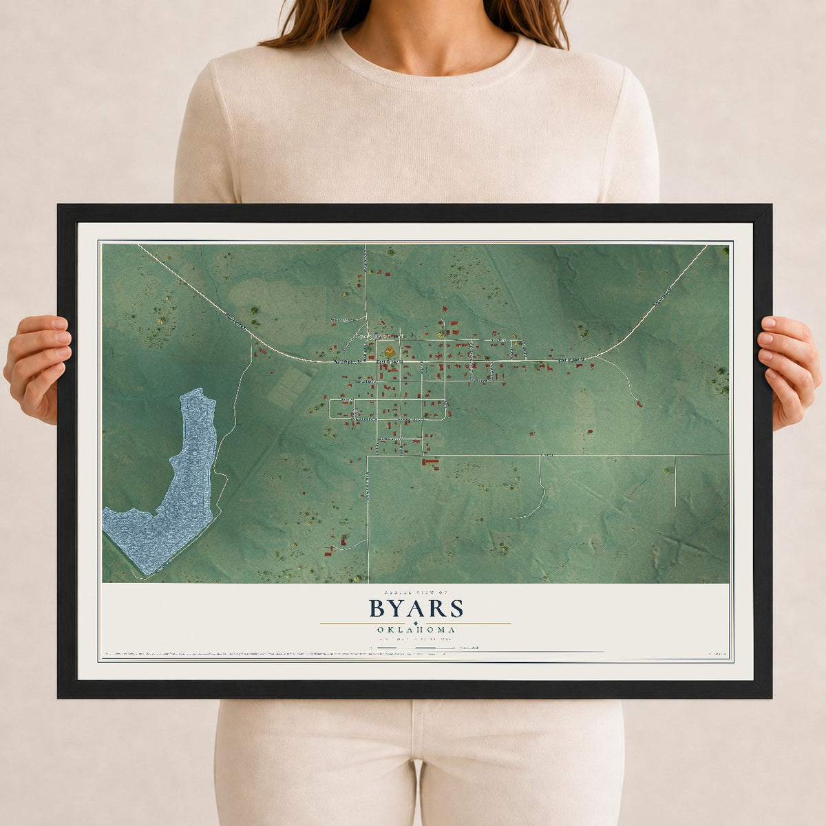Map of Byars, Oklahoma, 12 x 18 inch print in a black wood frame
