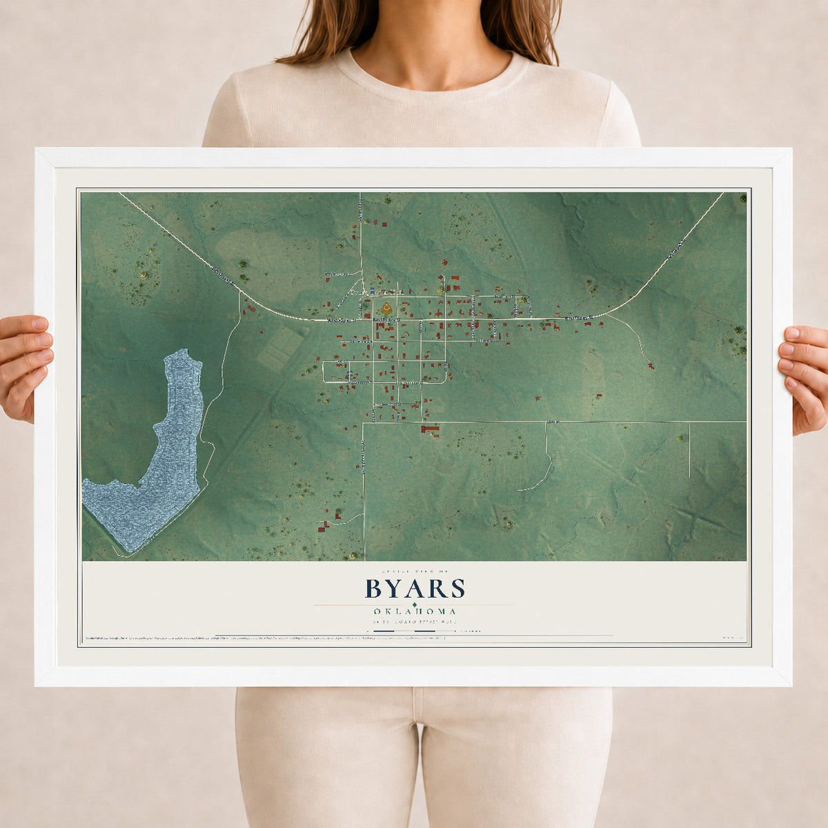 Map of Byars, Oklahoma, 18 x 24 inch print in a white wood frame