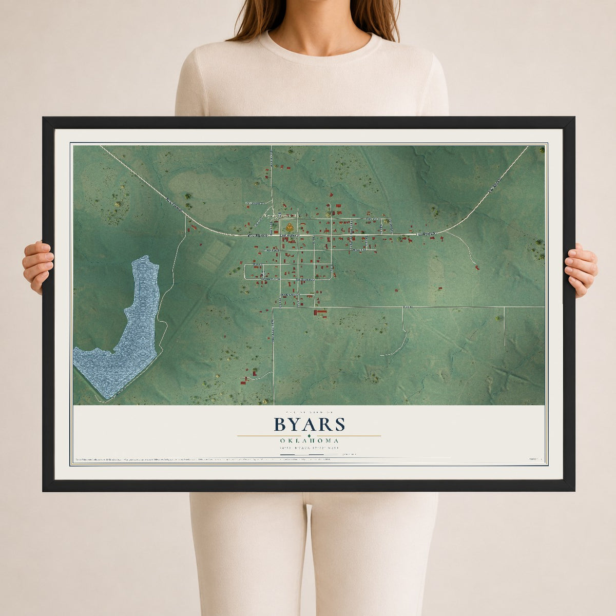Map of Byars, Oklahoma, 24 x 36 inch print in a black wood frame