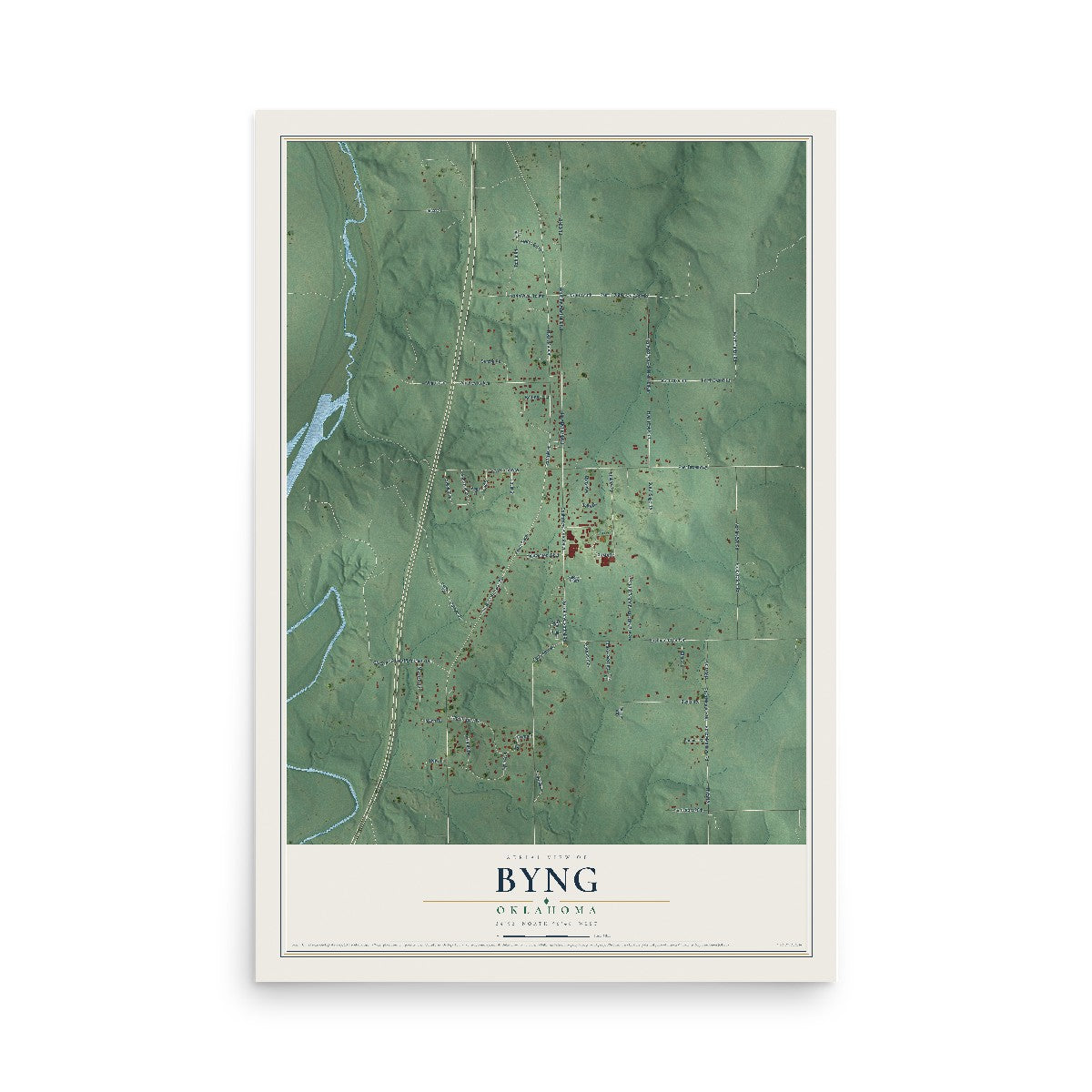 Map of Byng, Oklahoma, 12 x 18 inch unframed archival matte print