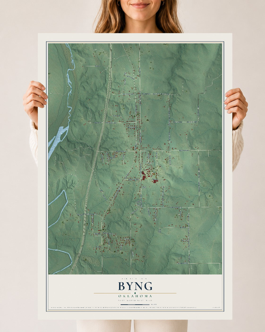 Map of Byng, Oklahoma, 24 x 36 inch unframed archival matte print
