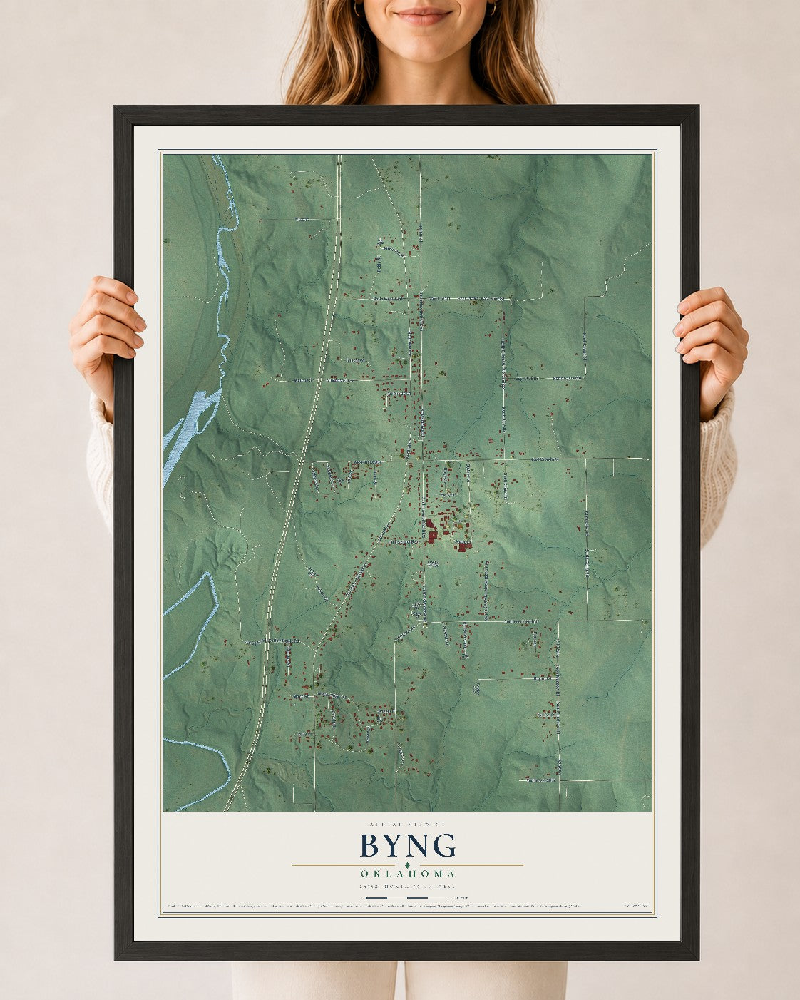 Map of Byng, Oklahoma, 24 x 36 inch print in a black wood frame