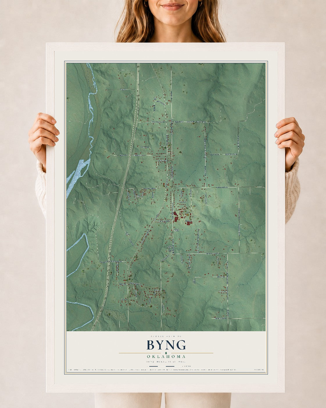 Map of Byng, Oklahoma, 24 x 36 inch print in a white wood frame