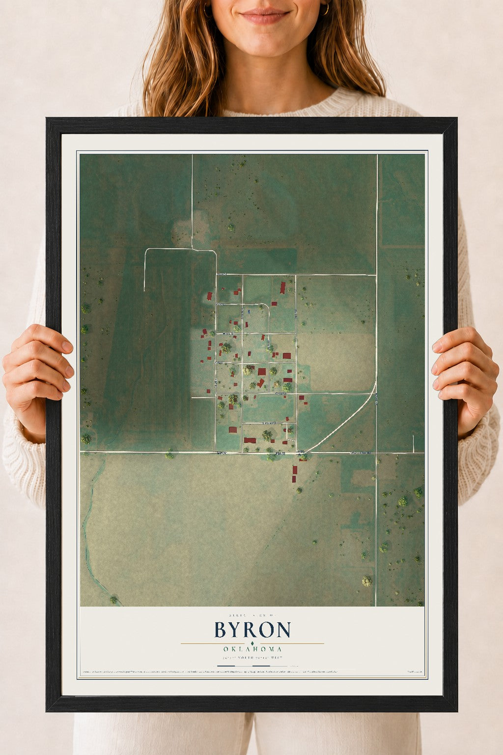 Map of Byron, Oklahoma, 18 x 24 inch print in a black wood frame
