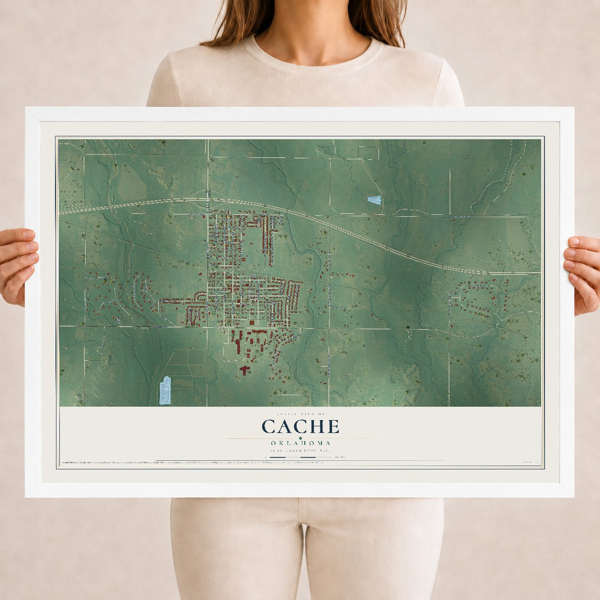 Map of Cache, Oklahoma, 18 x 24 inch print in a white wood frame