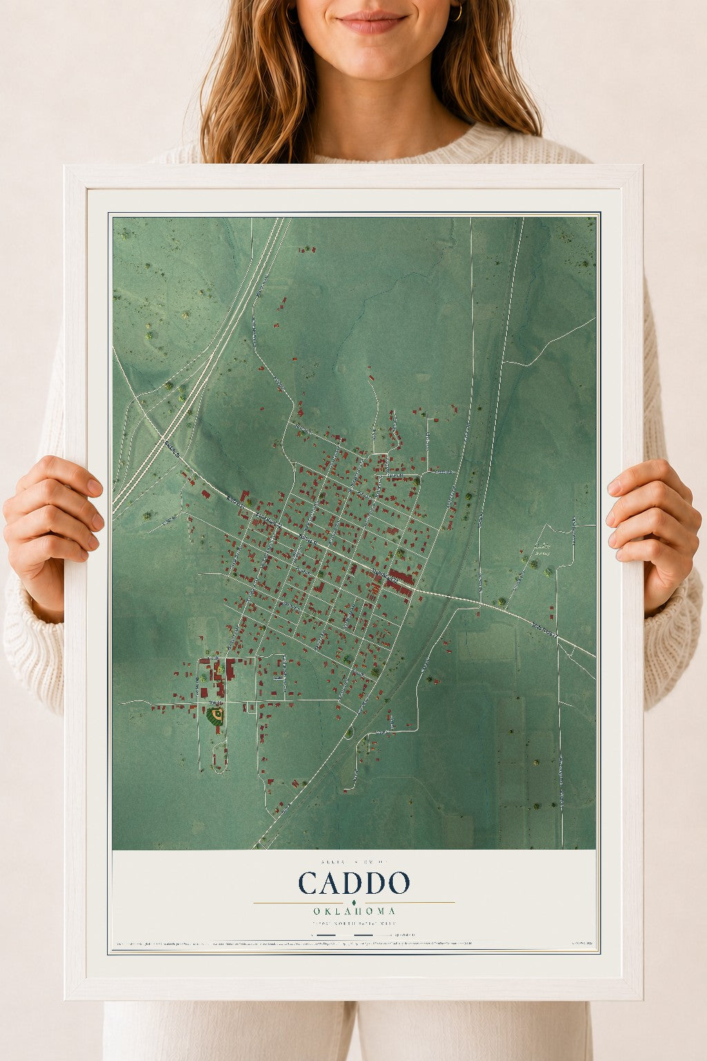 Map of Caddo, Oklahoma, 18 x 24 inch print in a white wood frame