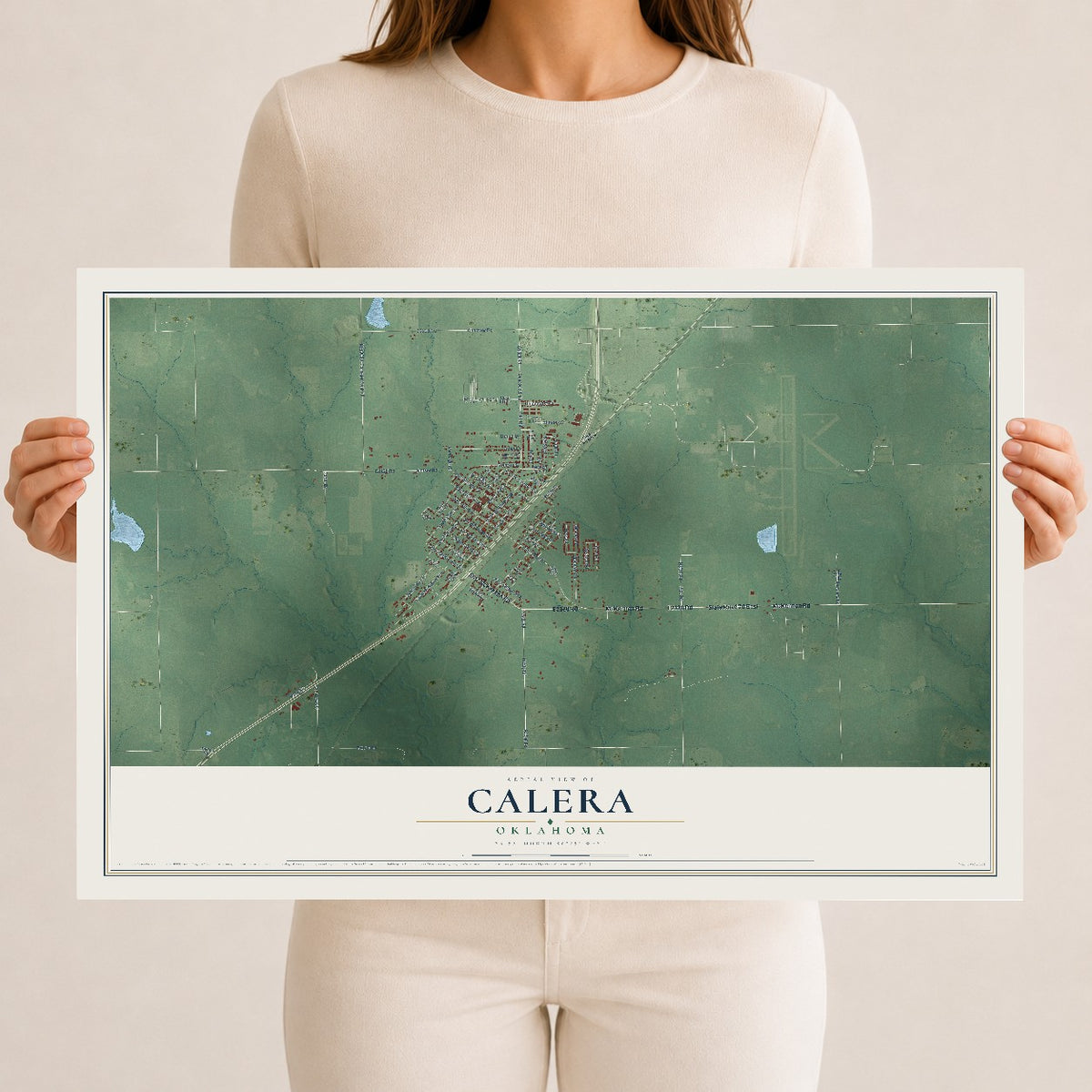 Map of Calera, Oklahoma, 12 x 18 inch unframed archival matte print