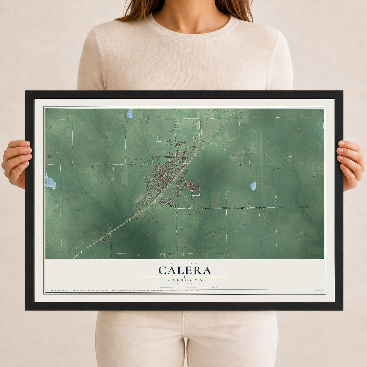 Map of Calera, Oklahoma, 12 x 18 inch print in a black wood frame