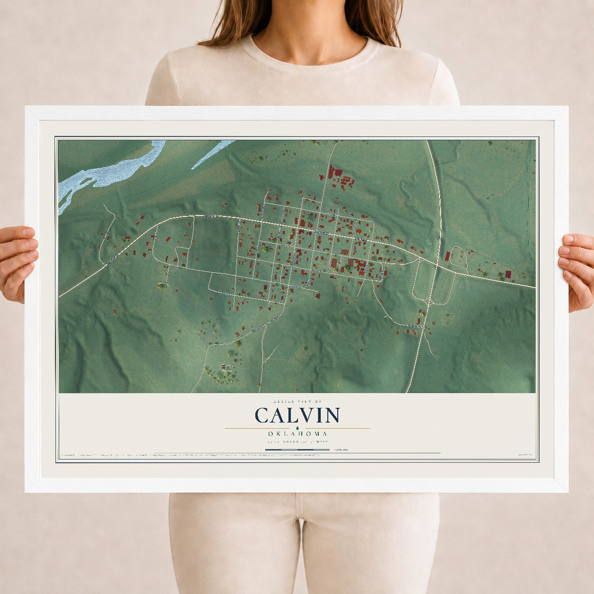 Map of Calvin, Oklahoma, 18 x 24 inch print in a white wood frame
