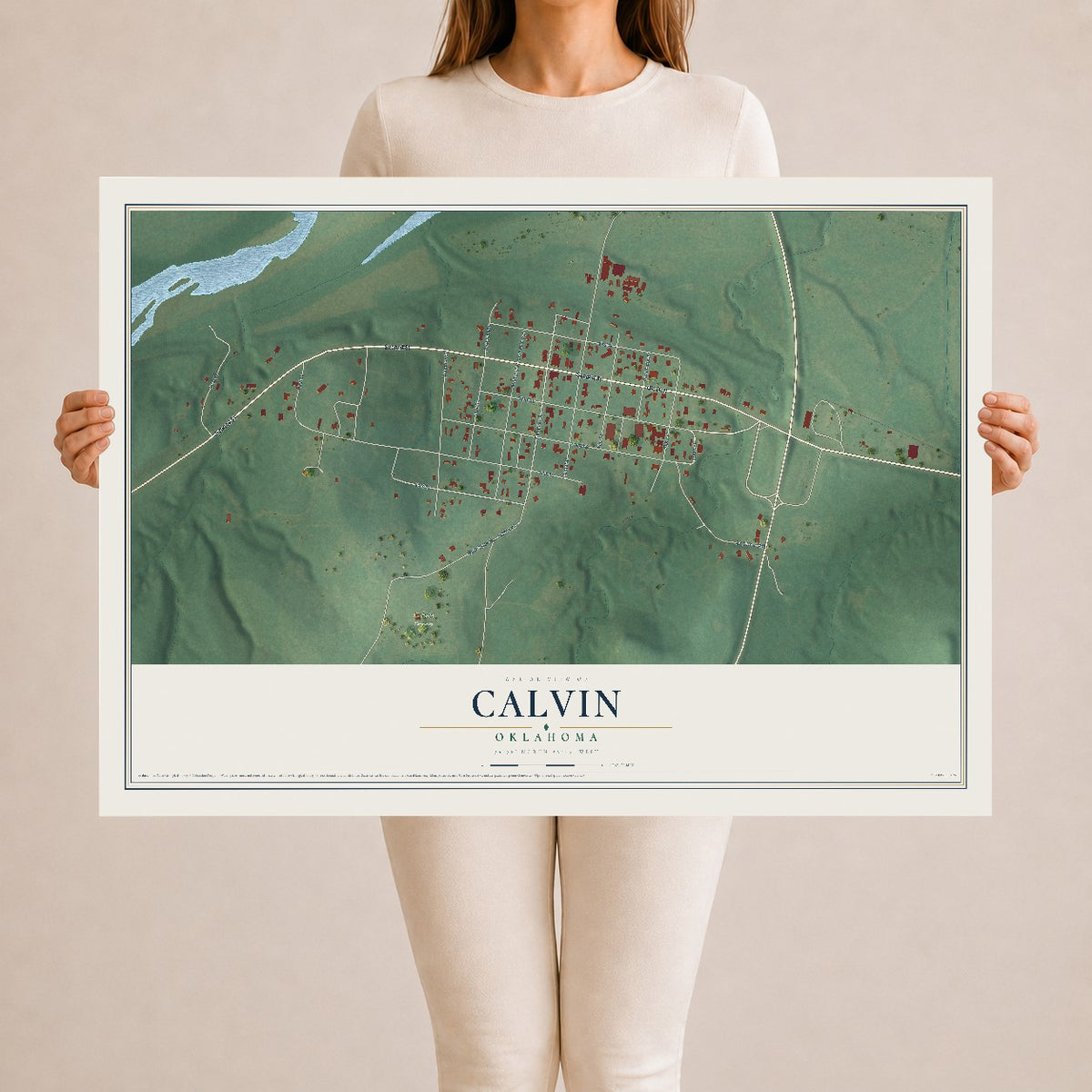 Map of Calvin, Oklahoma, 24 x 36 inch unframed archival matte print