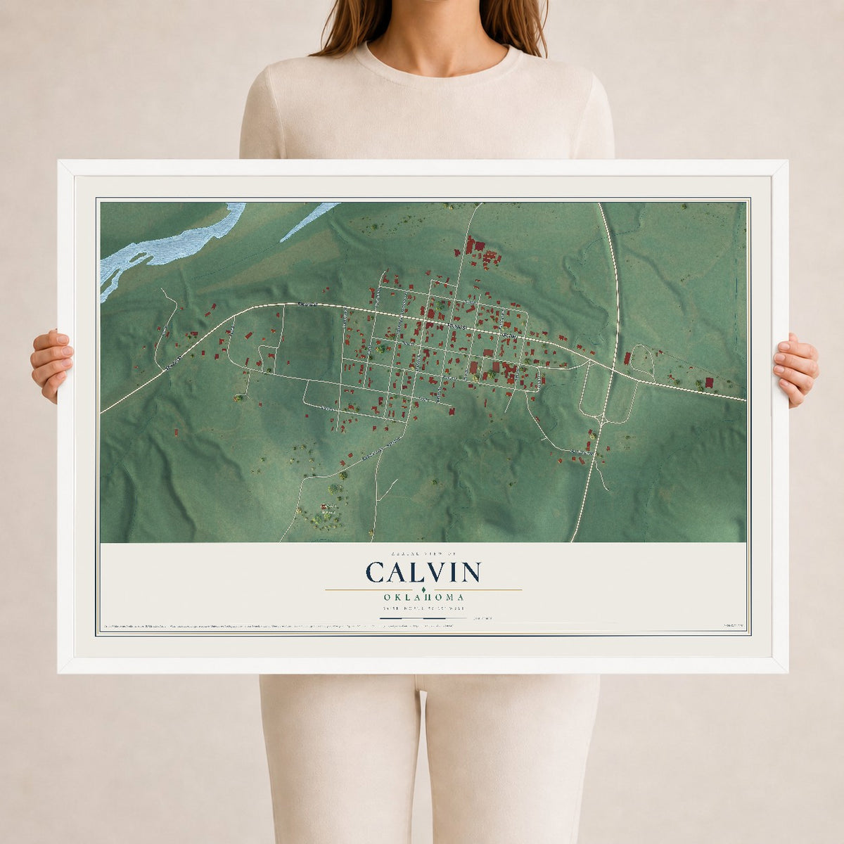 Map of Calvin, Oklahoma, 24 x 36 inch print in a white wood frame