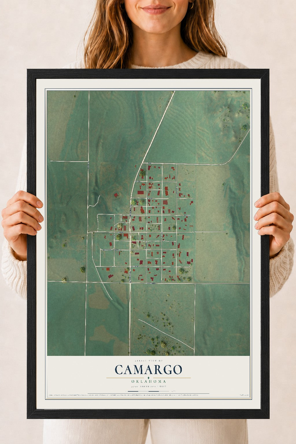 Map of Camargo, Oklahoma, 18 x 24 inch print in a black wood frame