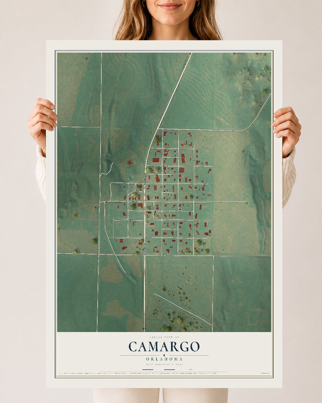 Map of Camargo, Oklahoma, 24 x 36 inch unframed archival matte print