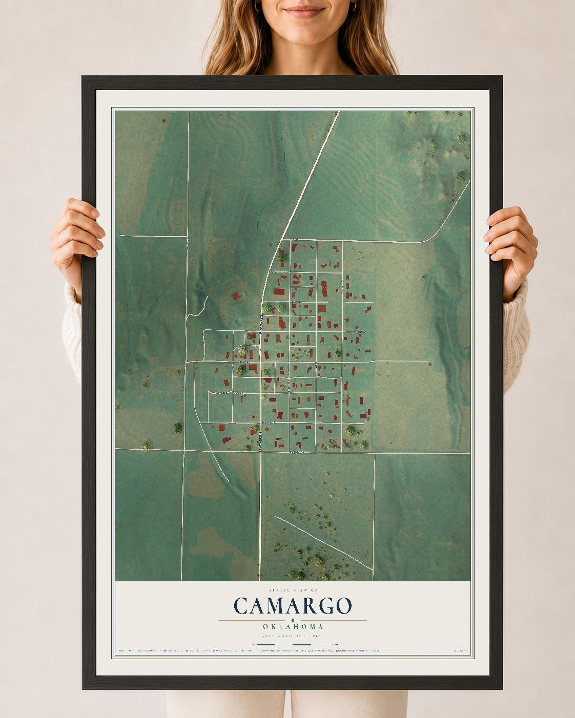 Map of Camargo, Oklahoma, 24 x 36 inch print in a black wood frame