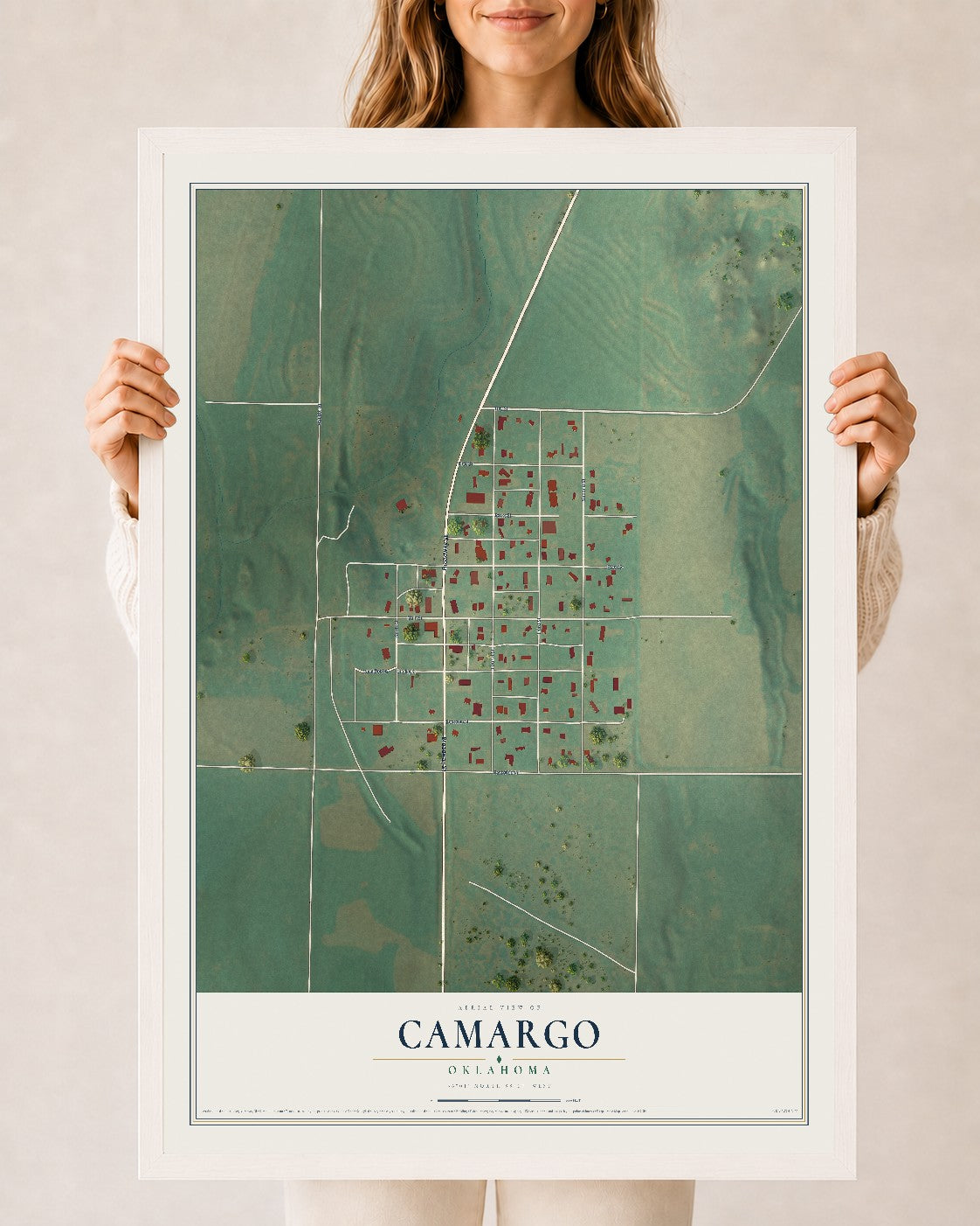Map of Camargo, Oklahoma, 24 x 36 inch print in a white wood frame