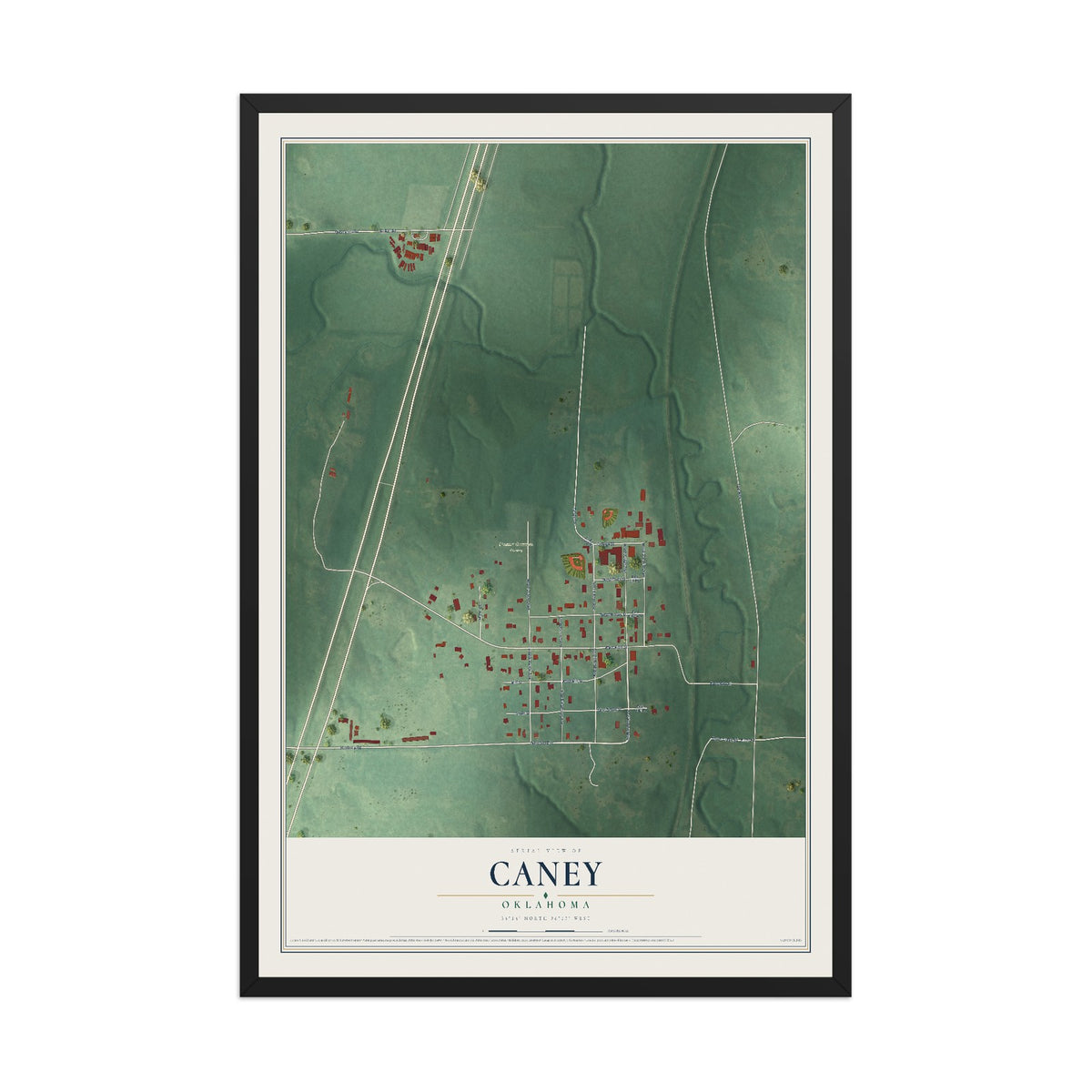 Map of Caney, Oklahoma, 12 x 18 inch print in a black wood frame
