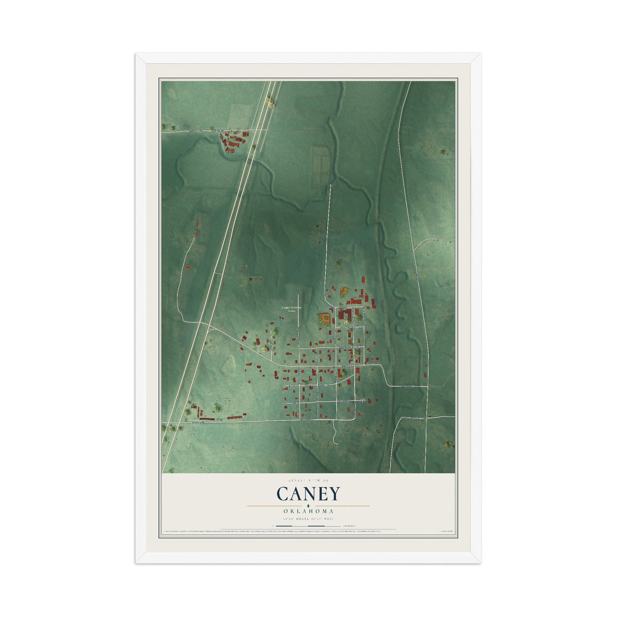 Map of Caney, Oklahoma, 12 x 18 inch print in a white wood frame