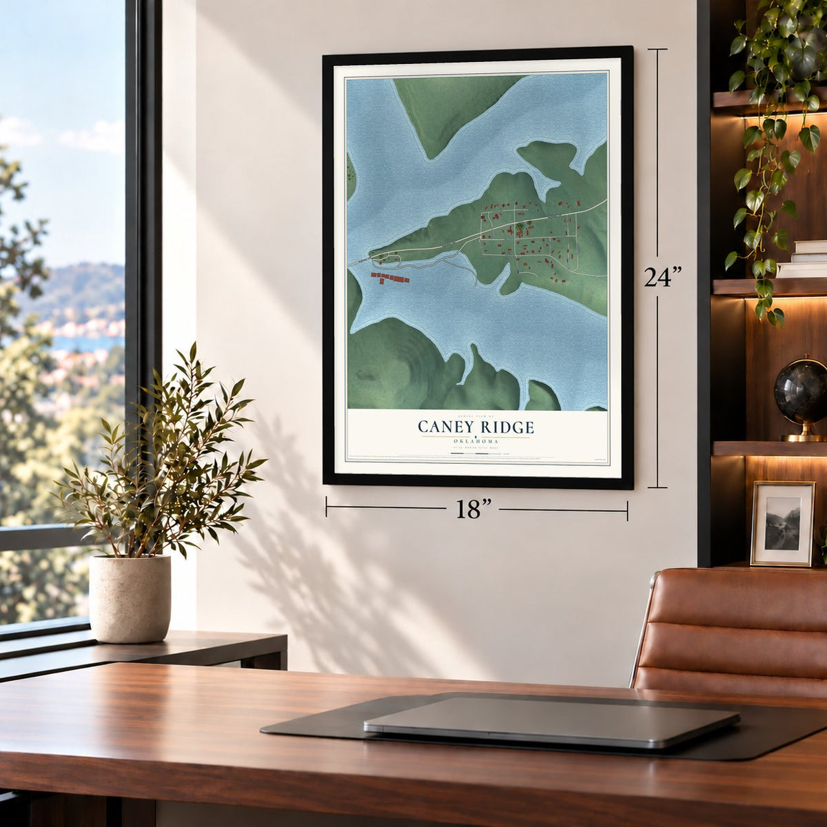 Caney Ridge, Oklahoma map, 18 x 24 inch print in a black frame in a home office