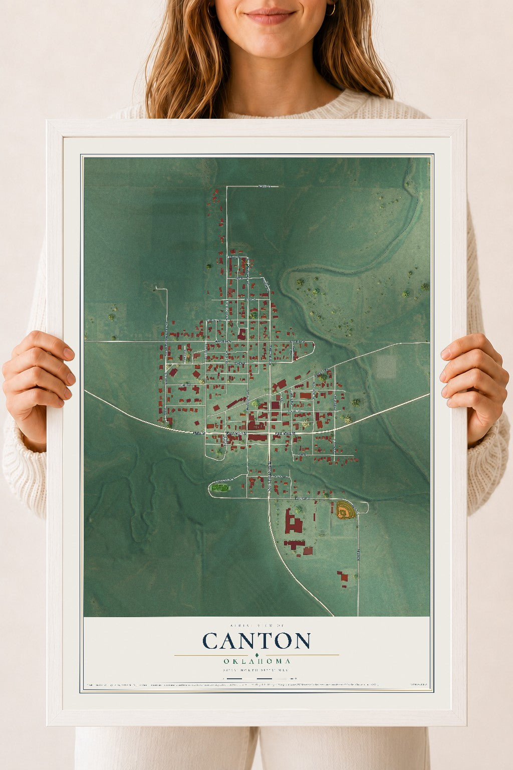Map of Canton, Oklahoma, 18 x 24 inch print in a white wood frame