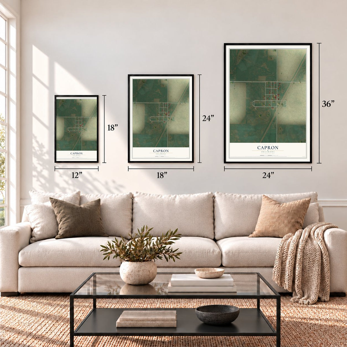 Capron, Oklahoma map in 12 x 18, 18 x 24 and 24 x 36 inch sizes above a sofa