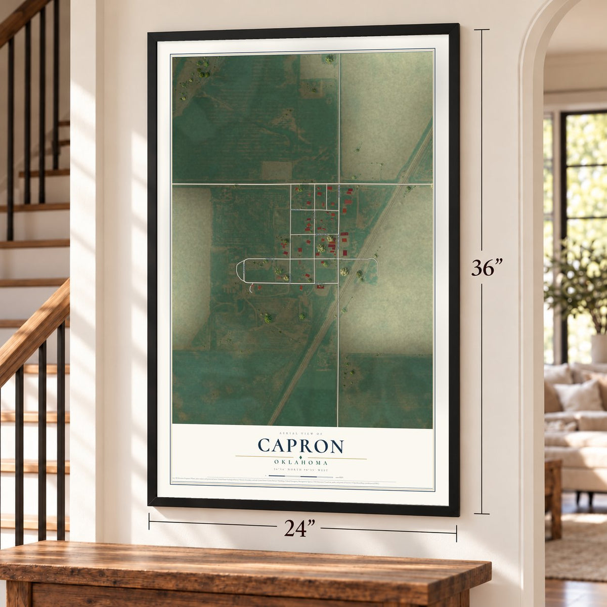 Capron, Oklahoma map, 24 x 36 inch print in a black frame by a staircase
