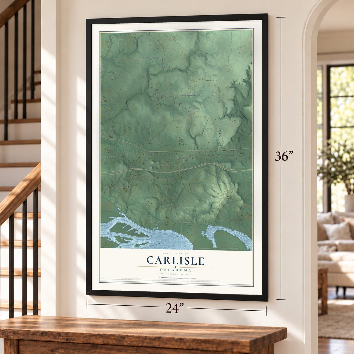 Carlisle, Oklahoma map, 24 x 36 inch print in a black frame by a staircase