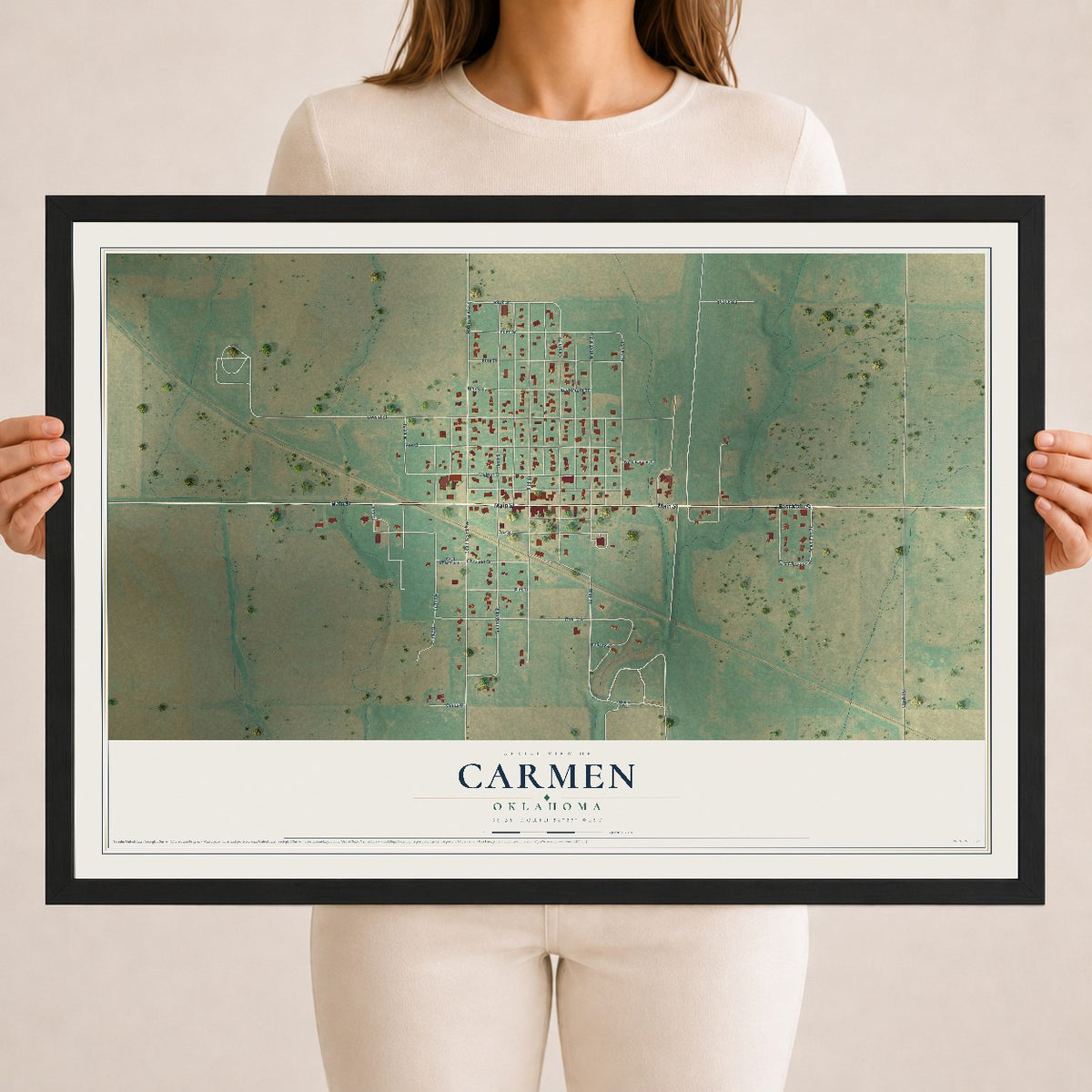 Map of Carmen, Oklahoma, 18 x 24 inch print in a black wood frame