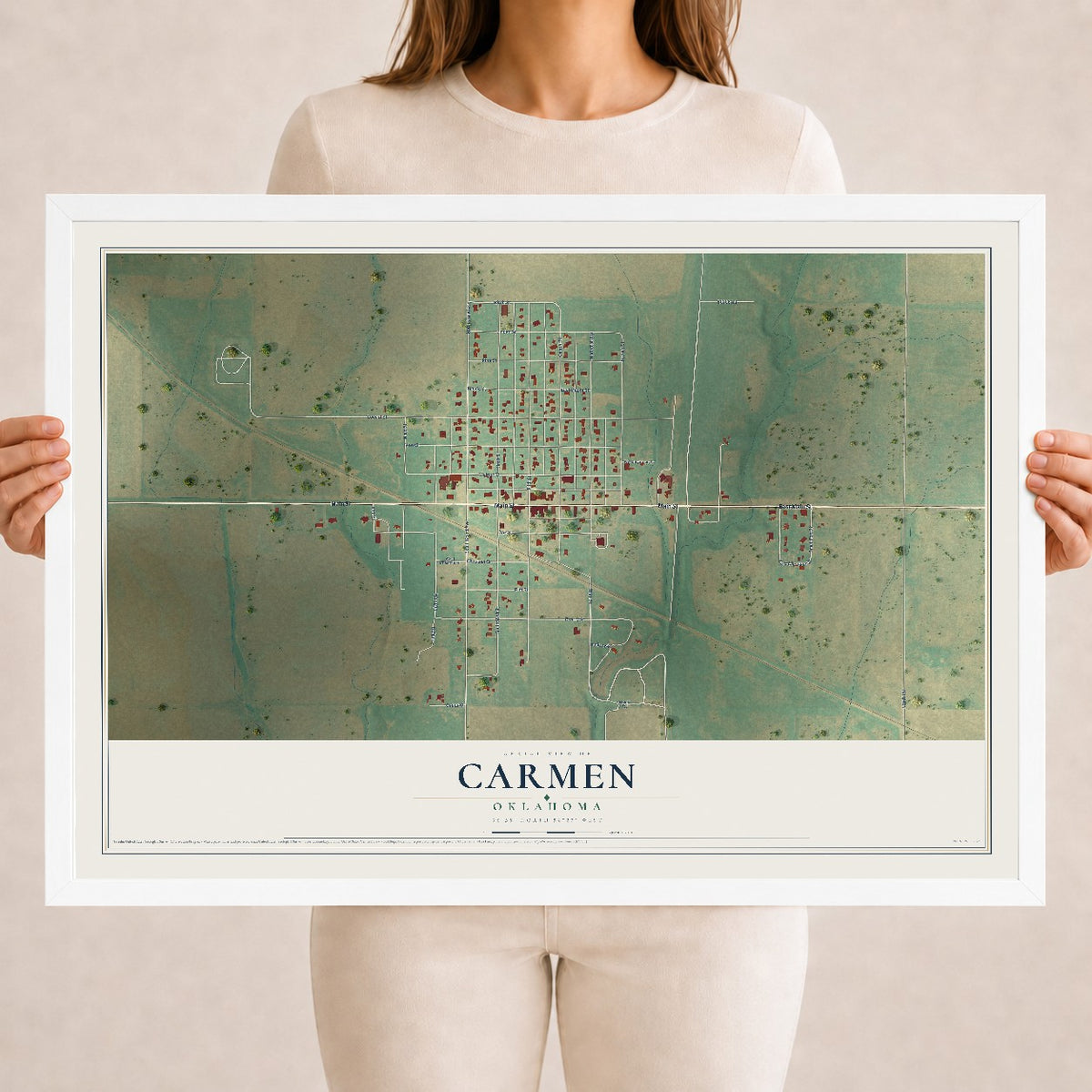 Map of Carmen, Oklahoma, 18 x 24 inch print in a white wood frame