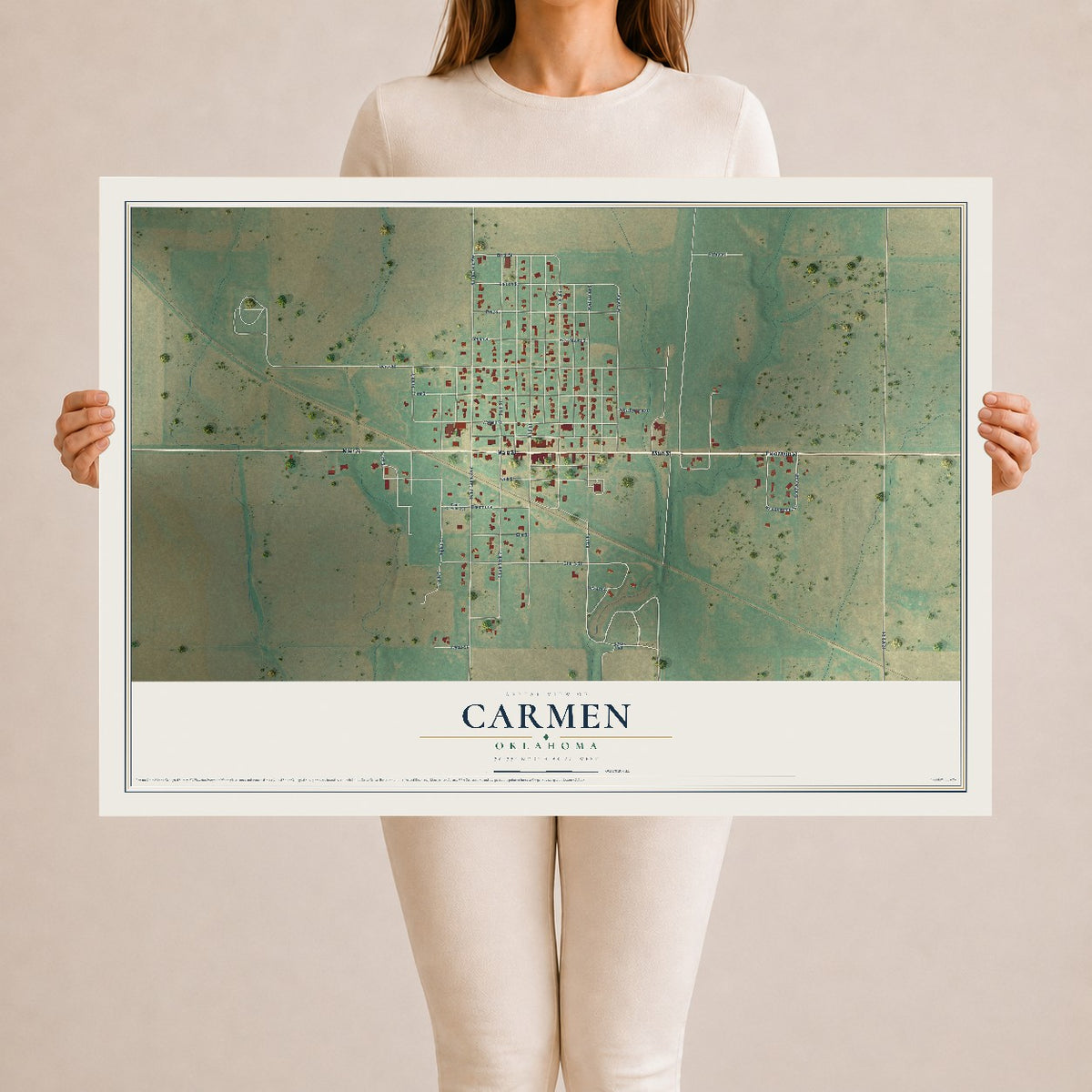 Map of Carmen, Oklahoma, 24 x 36 inch unframed archival matte print