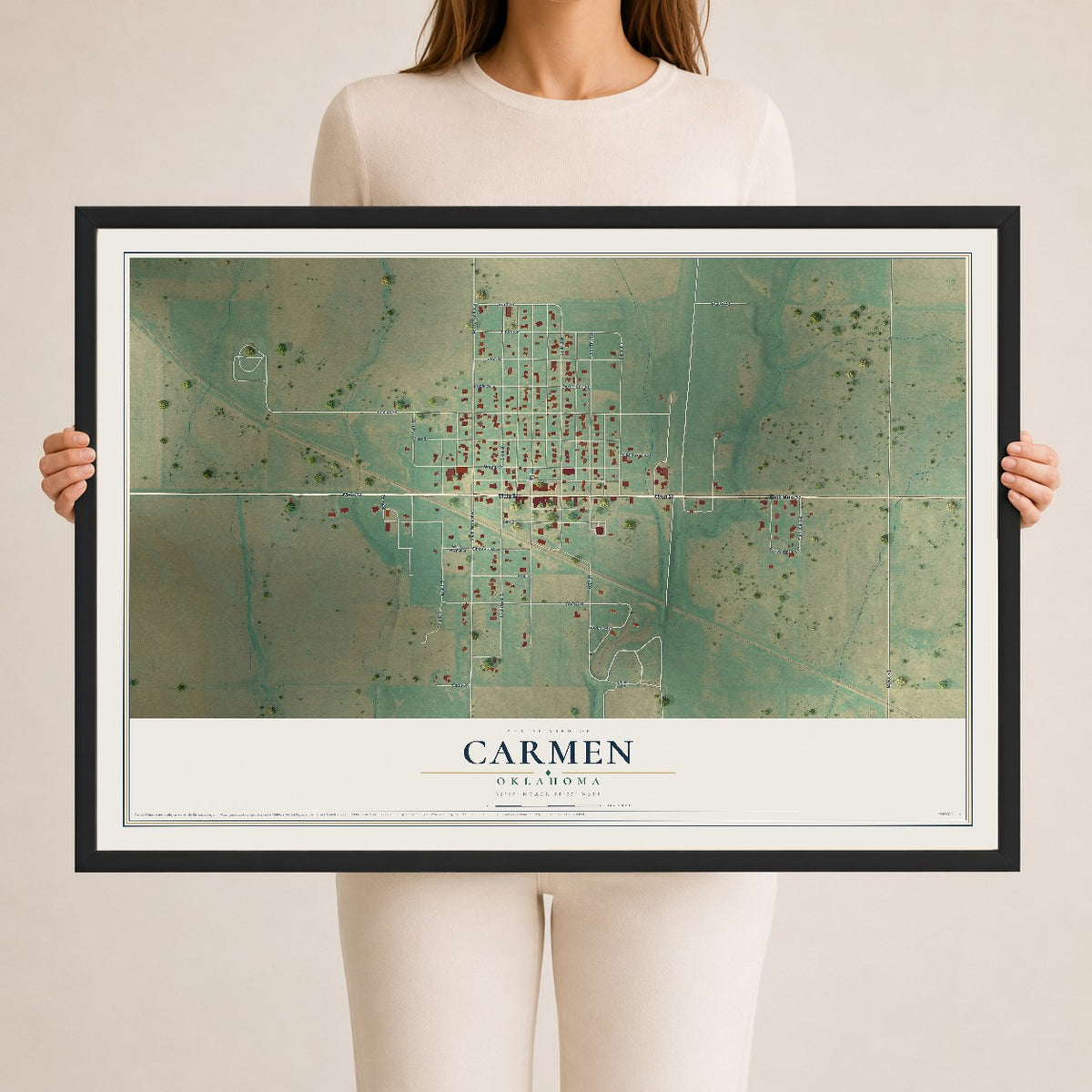 Map of Carmen, Oklahoma, 24 x 36 inch print in a black wood frame