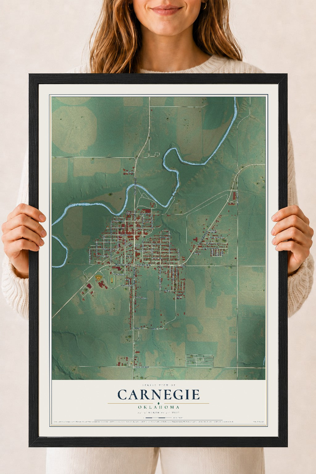 Map of Carnegie, Oklahoma, 18 x 24 inch print in a black wood frame