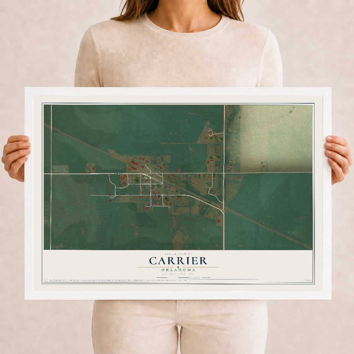 Map of Carrier, Oklahoma, 12 x 18 inch print in a white wood frame