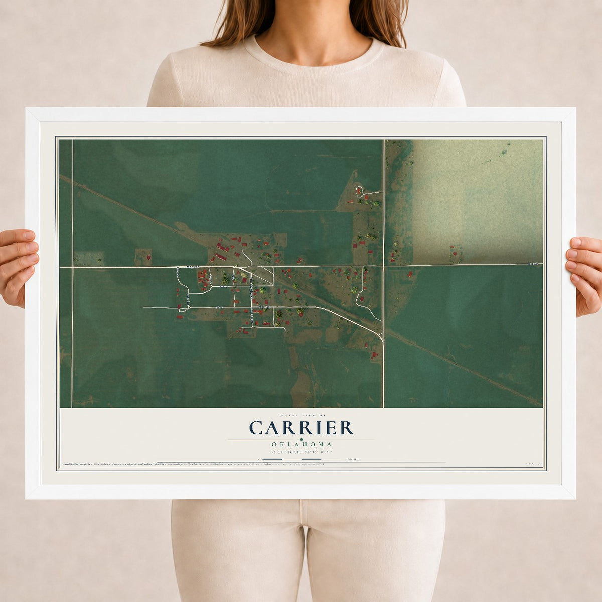 Map of Carrier, Oklahoma, 18 x 24 inch print in a white wood frame