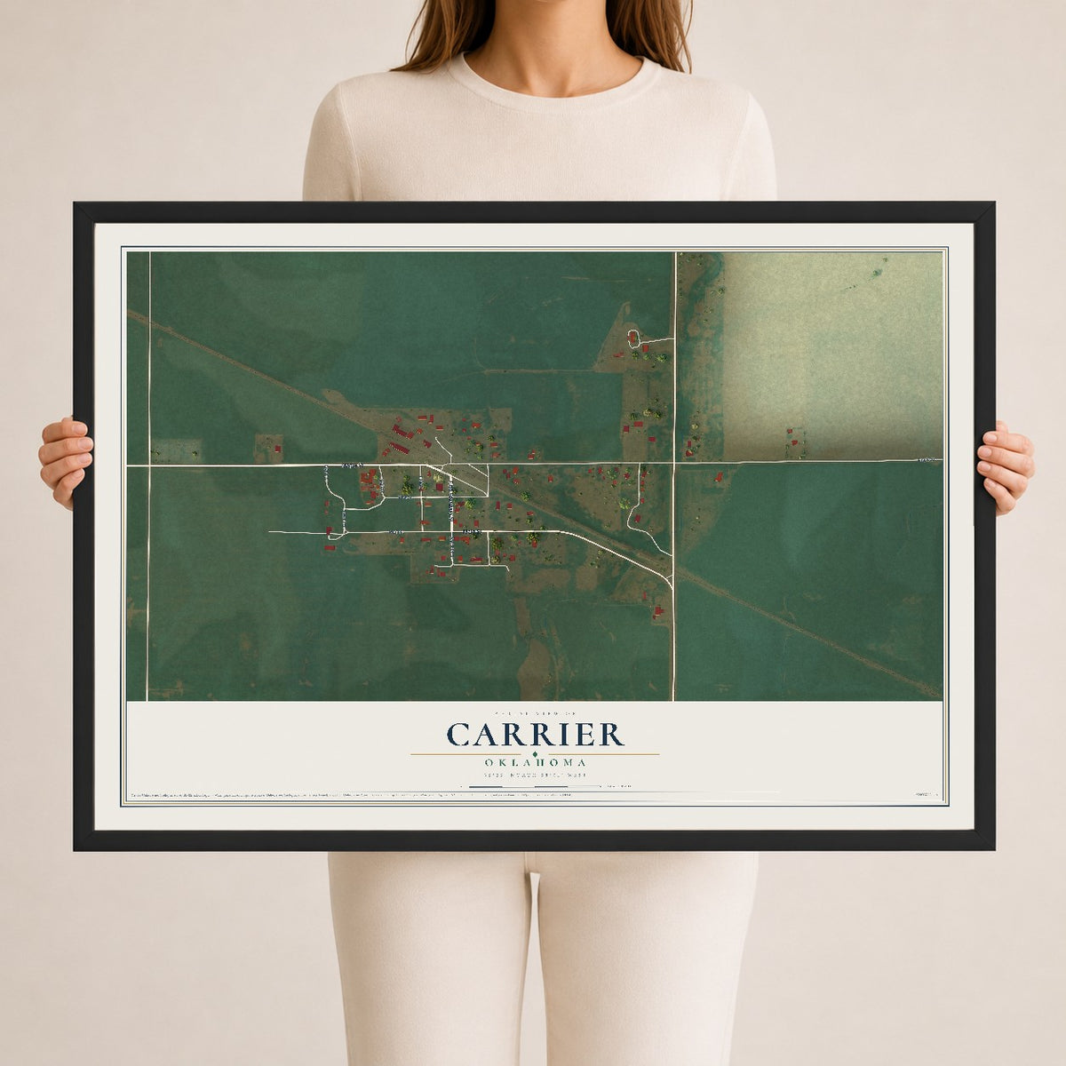 Map of Carrier, Oklahoma, 24 x 36 inch print in a black wood frame