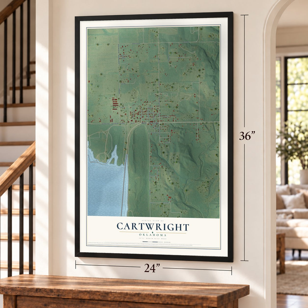 Cartwright, Oklahoma map, 24 x 36 inch print in a black frame by a staircase