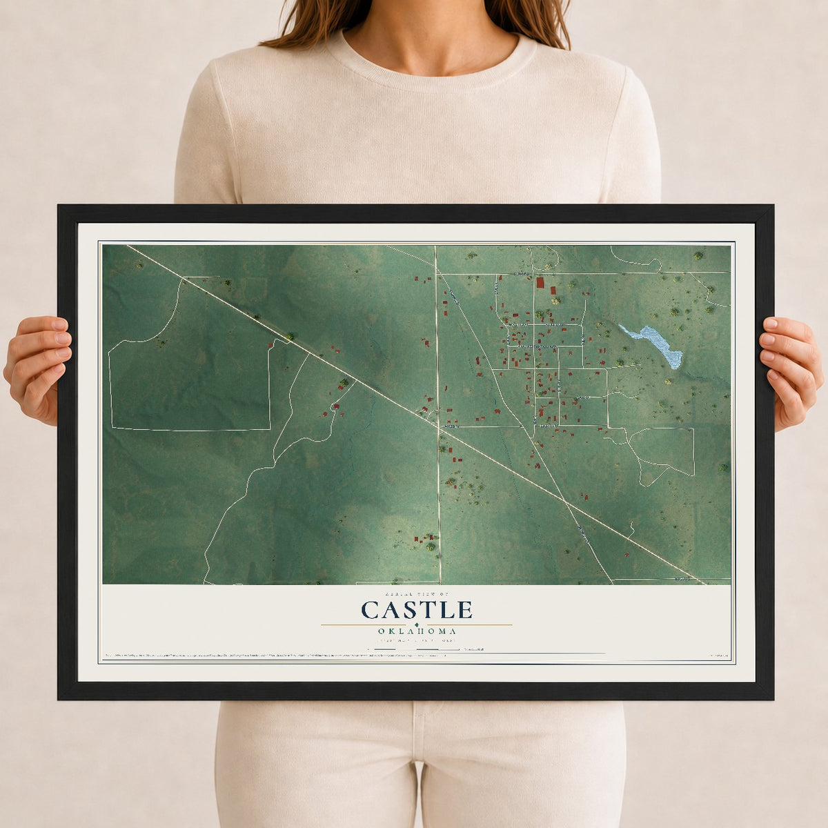 Map of Castle, Oklahoma, 12 x 18 inch print in a black wood frame