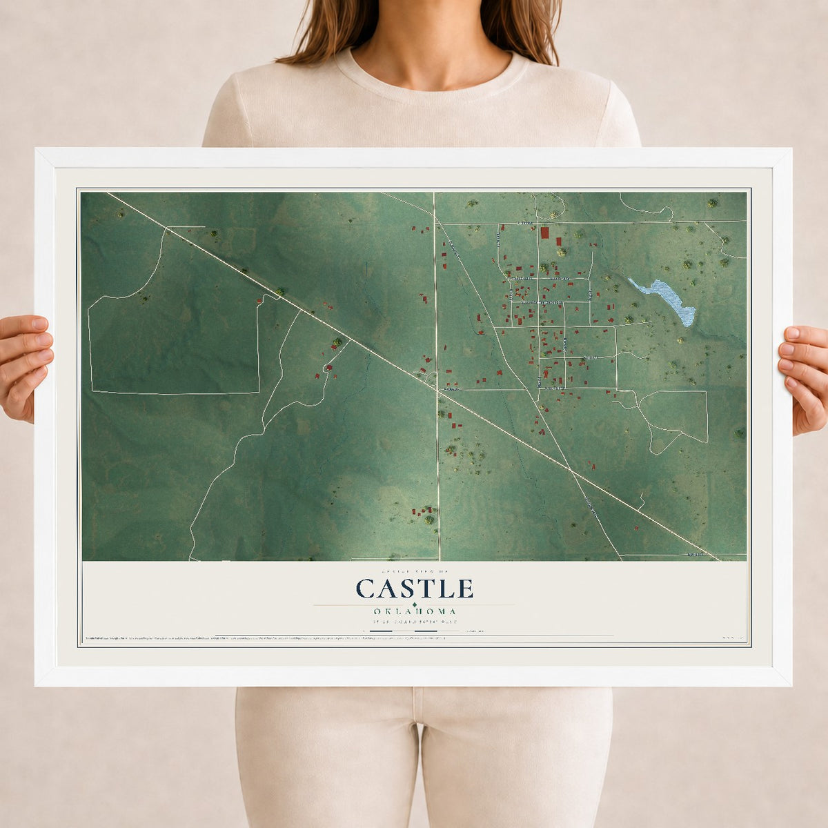 Map of Castle, Oklahoma, 18 x 24 inch print in a white wood frame