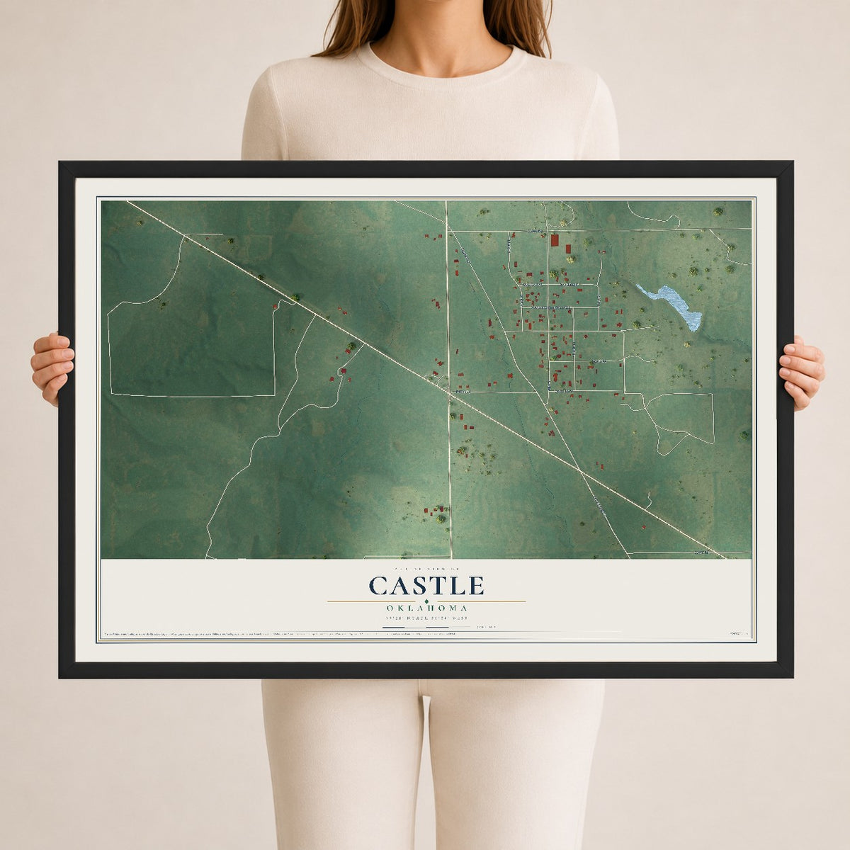 Map of Castle, Oklahoma, 24 x 36 inch print in a black wood frame