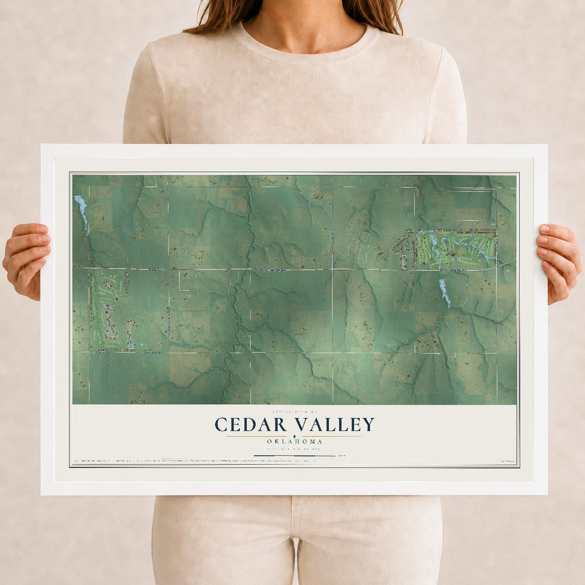 Map of Cedar Valley, Oklahoma, 12 x 18 inch print in a white wood frame