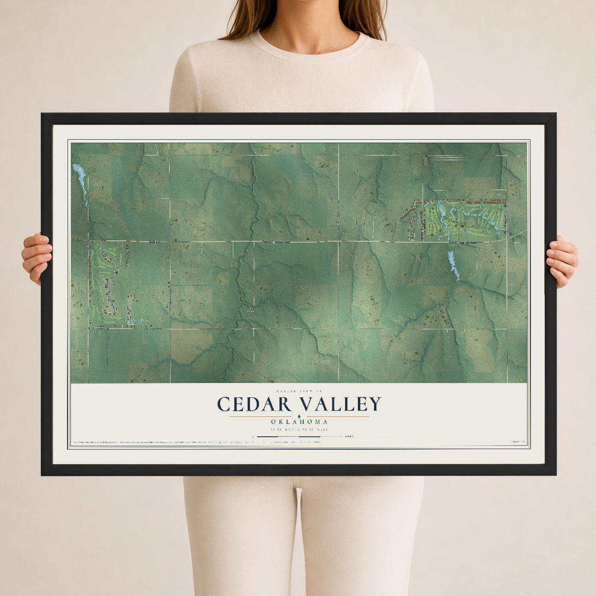 Map of Cedar Valley, Oklahoma, 24 x 36 inch print in a black wood frame