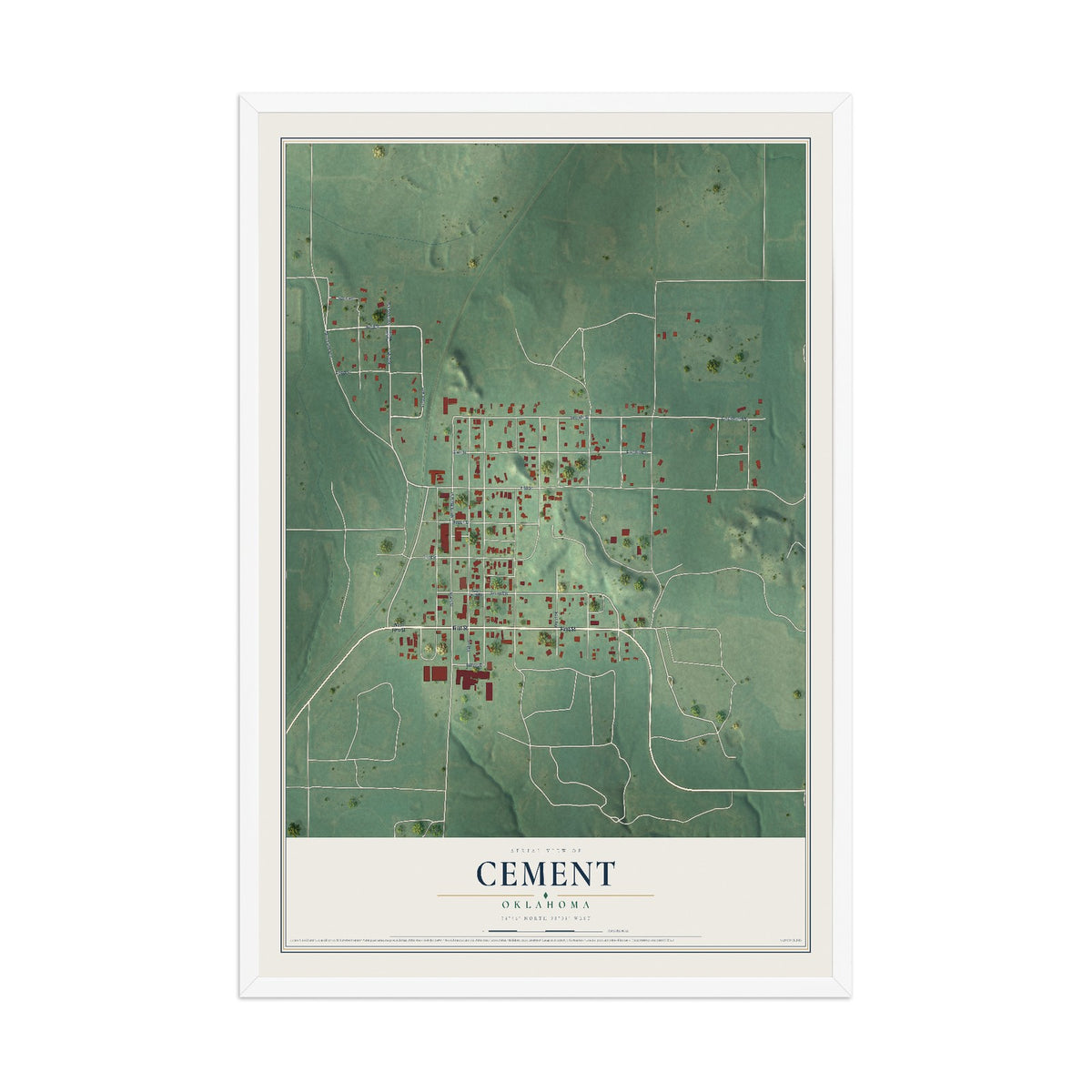 Map of Cement, Oklahoma, 12 x 18 inch print in a white wood frame