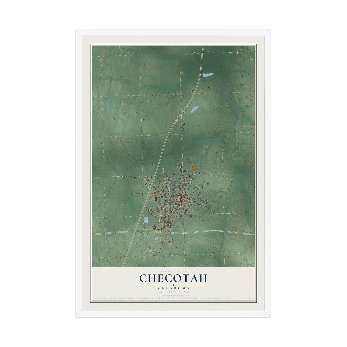 Map of Checotah, Oklahoma, 12 x 18 inch print in a white wood frame