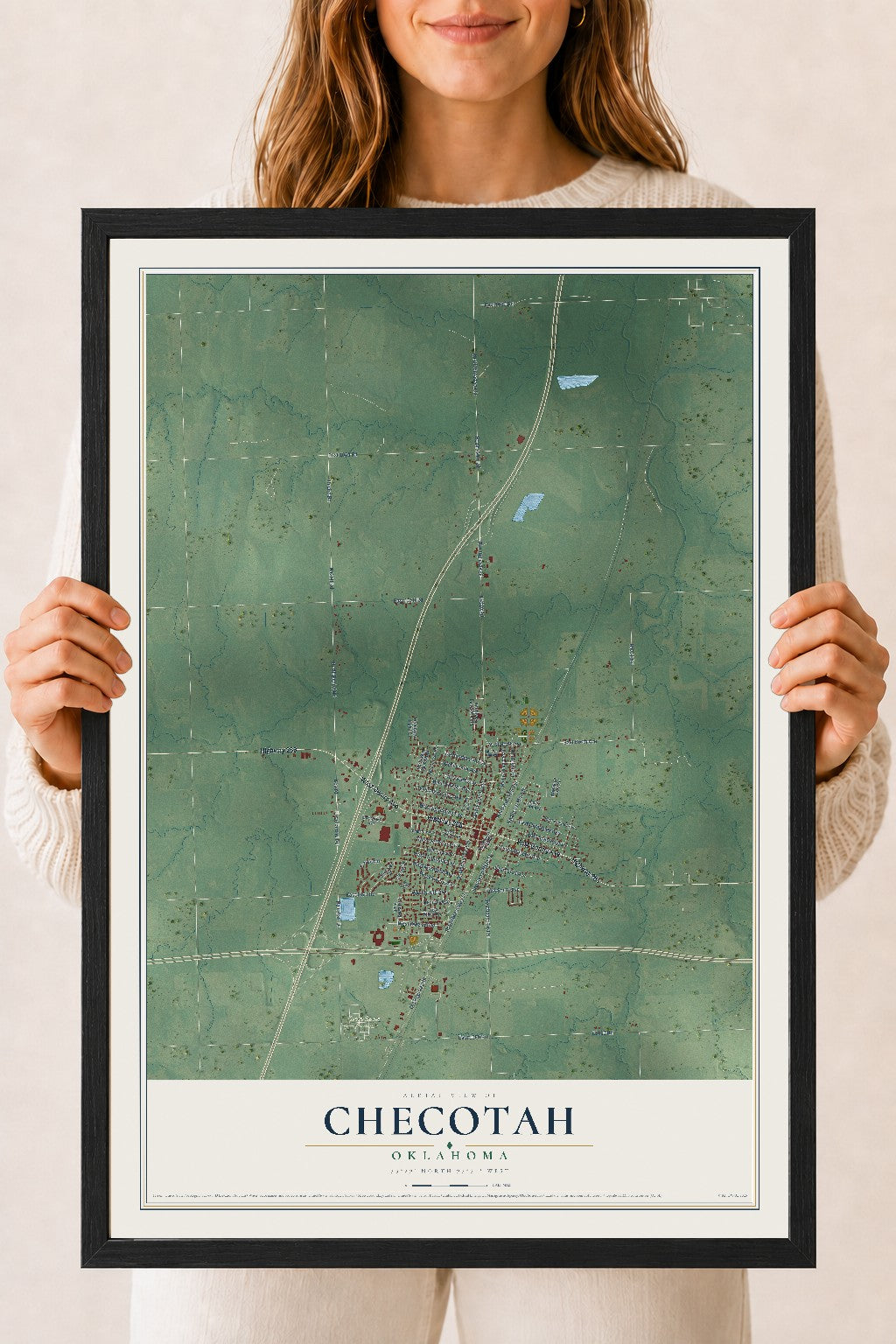 Map of Checotah, Oklahoma, 18 x 24 inch print in a black wood frame